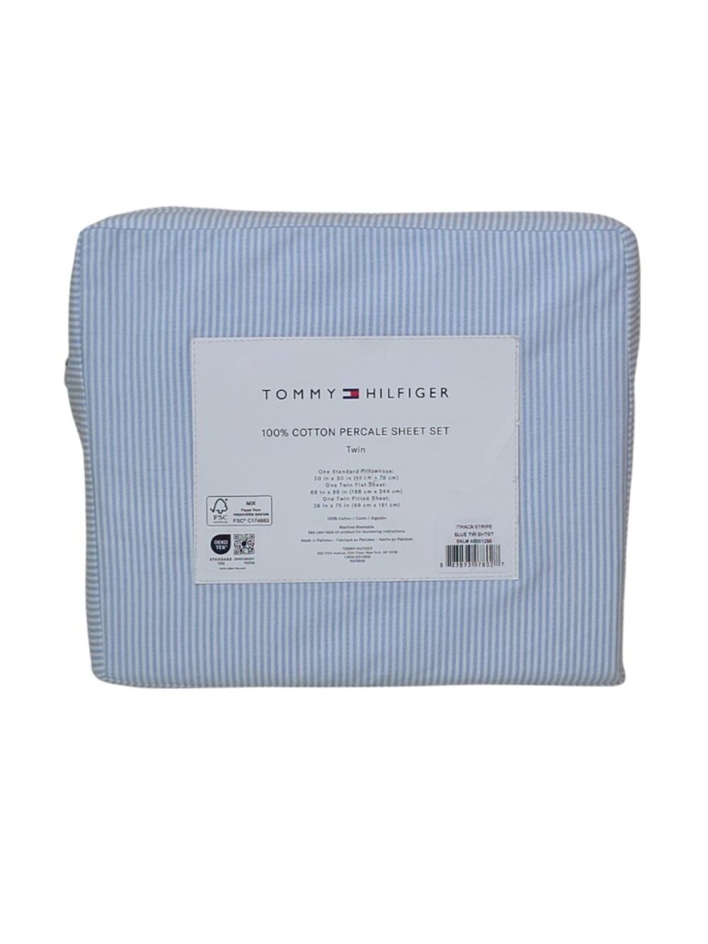 Tommy Hilfiger 100% Cotton Percale Twin Sheet Set In Blue & White Stripe Pattern - Picture 2 of 11
